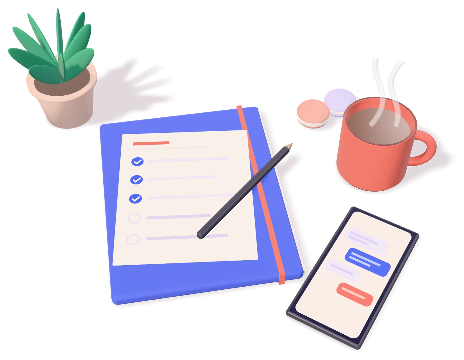 Illustration of a desk with a checked-off plan, a phone conversation and a cup of coffee